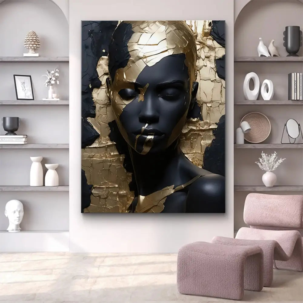 Portrait artistique de femme noir et or sur tableau design contemporain


