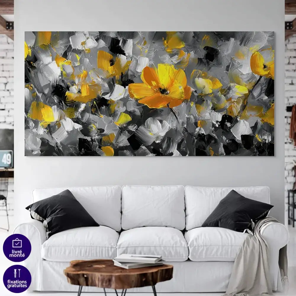 tableau floral jaune et gris style moderne