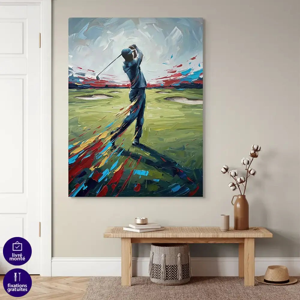 Tableau golf sur le green avec golfeur en plein swing