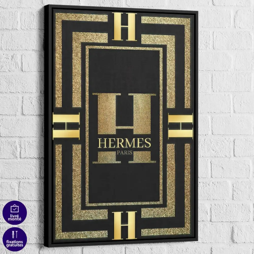 Tableau Hermès Rouge et Or 40x60cm / Cadre Noir / Hermès Or Tableau Luxe