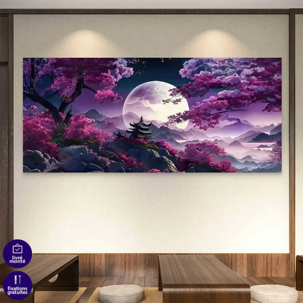 Paysage artistique style japonais avec montagne, brume et sakura

