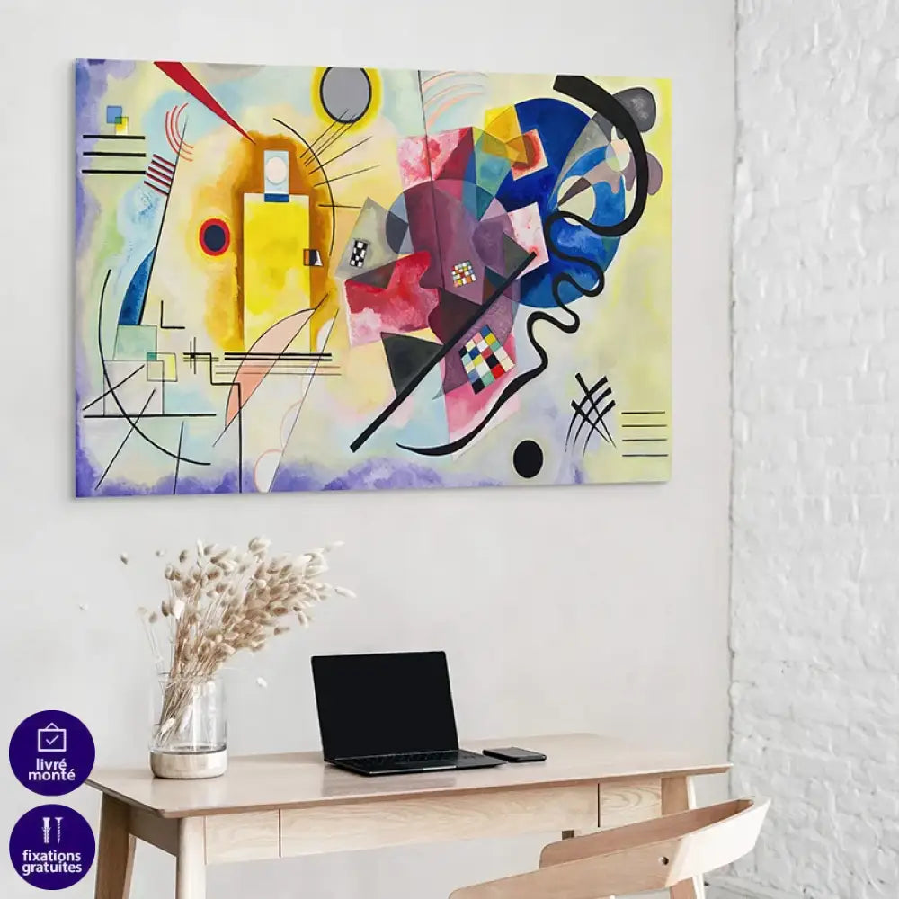 Gros plan sur les traits noirs et les dégradés bleus du tableau de Kandinsky