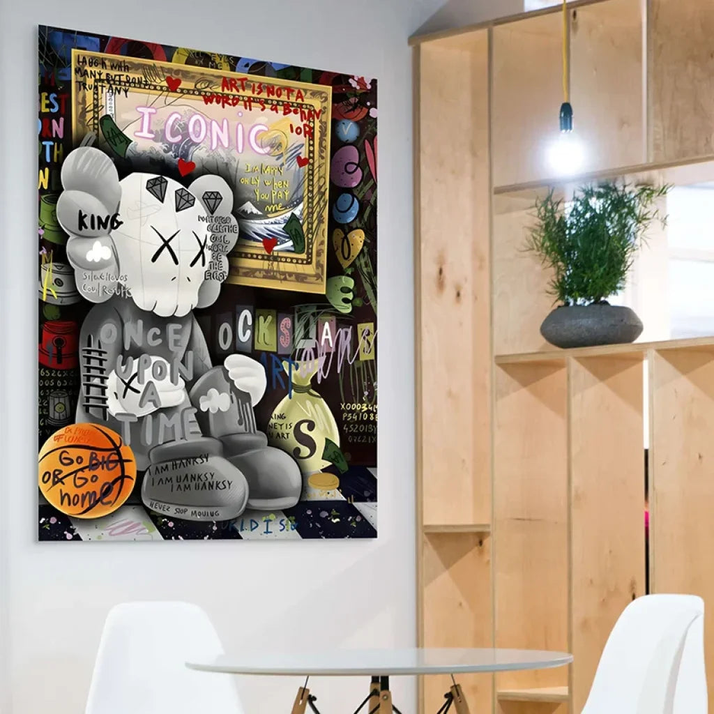 Tableau Kaws grand format, vibes pop art et couleur néon