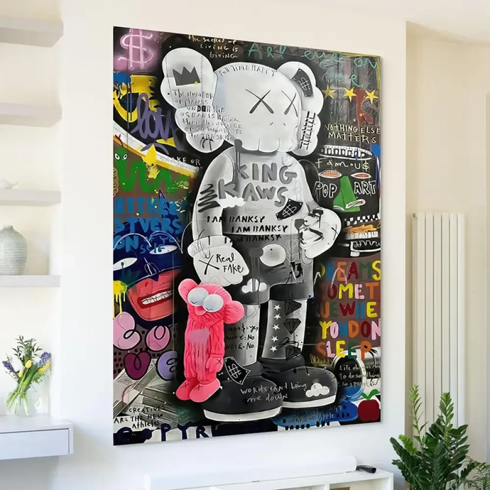 tableau kaws king of pop art personnage couronne fond graffiti coloré