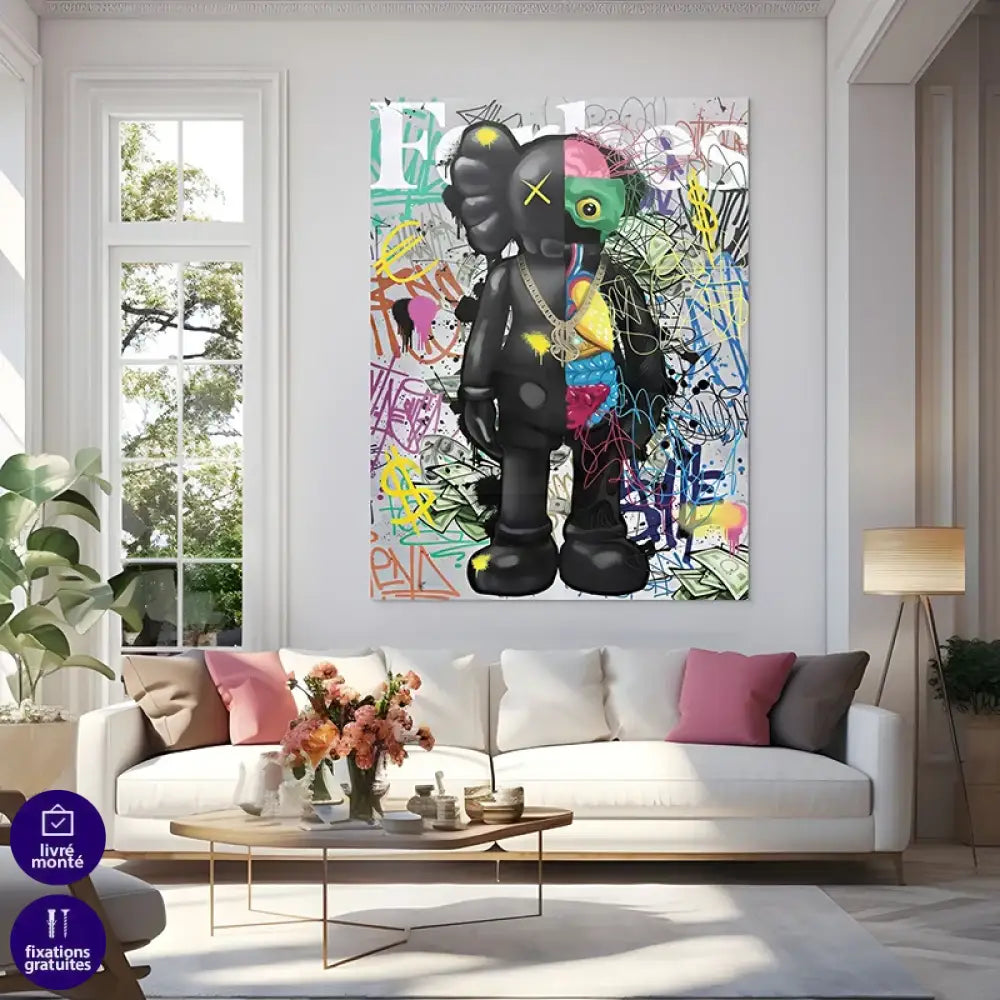 Tableau Kaws grand format, chaîne dorée et billets stylisés