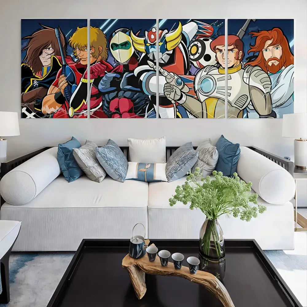 Tableau en 4 parties avec Goldorak, Albator et Capitaine Flam

