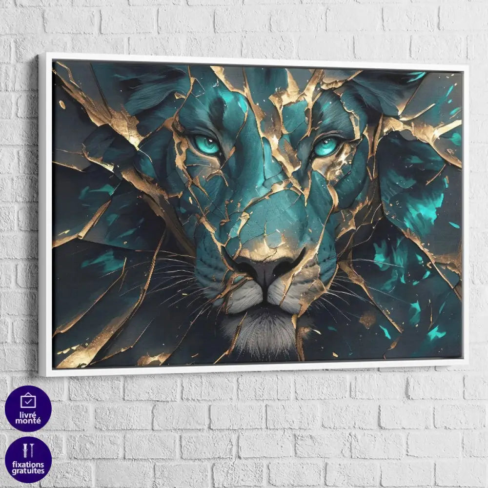 Tableau Lion Doré Intérieur idéal pour salon ou bureau contemporain

