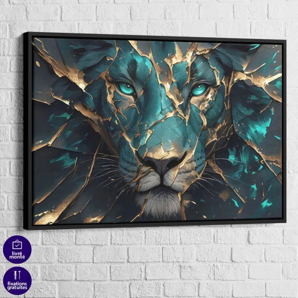 Œuvre murale lion doré sur fond noir et bleu, style moderne et raffiné

