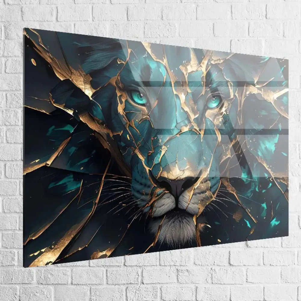 Tableau moderne lion puissant avec éclats dorés et rendu premium

