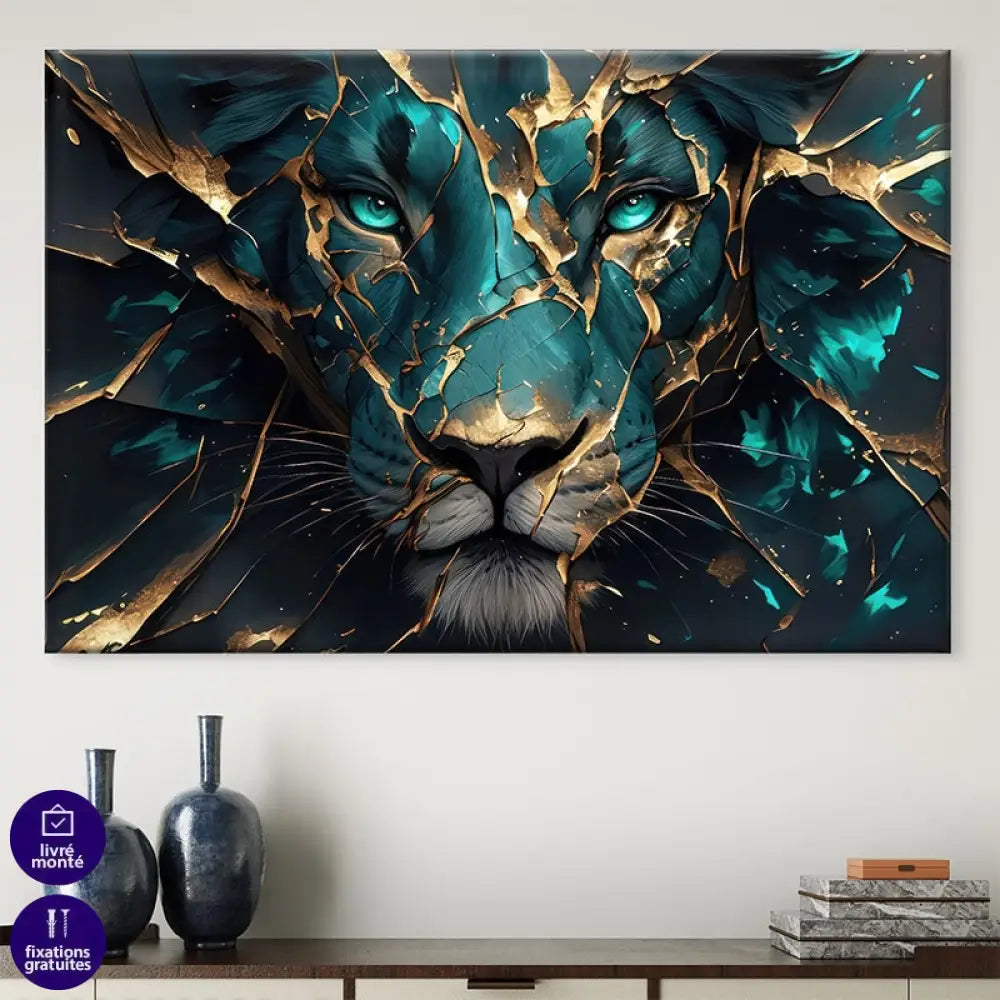 Tableau lion design contemporain avec craquelures dorées et regard intense


