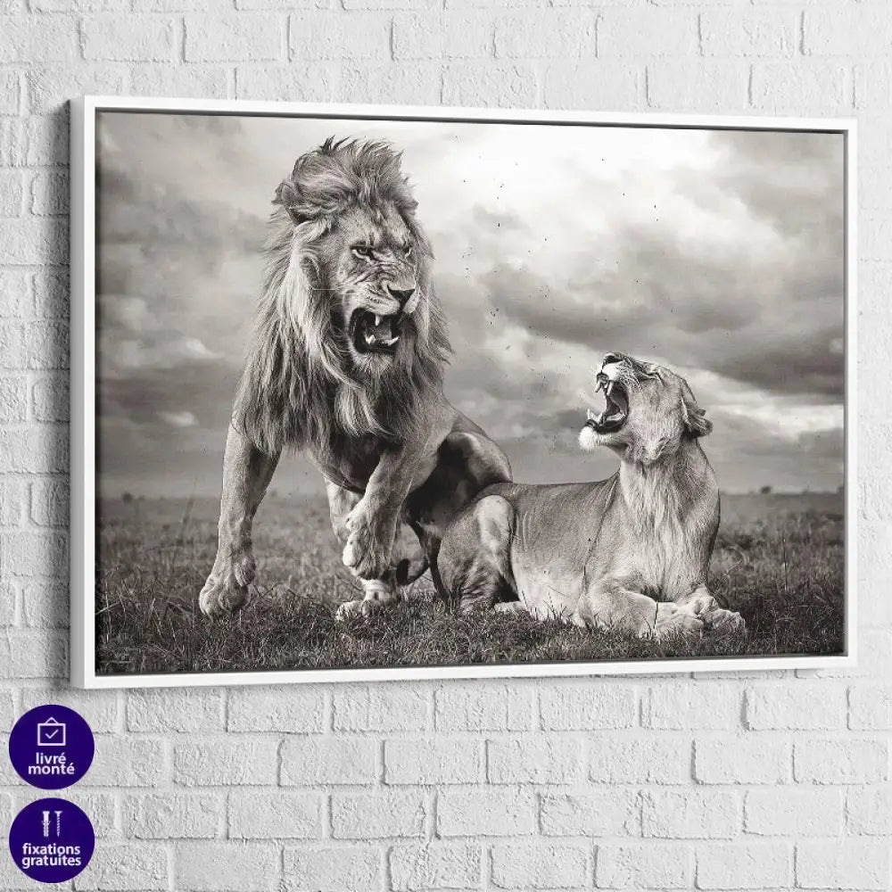 Tableau Lion La Confrontation pour déco de salon sauvage