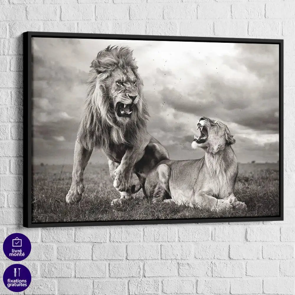 Tableau Lion La Confrontation pour déco de salon sauvage