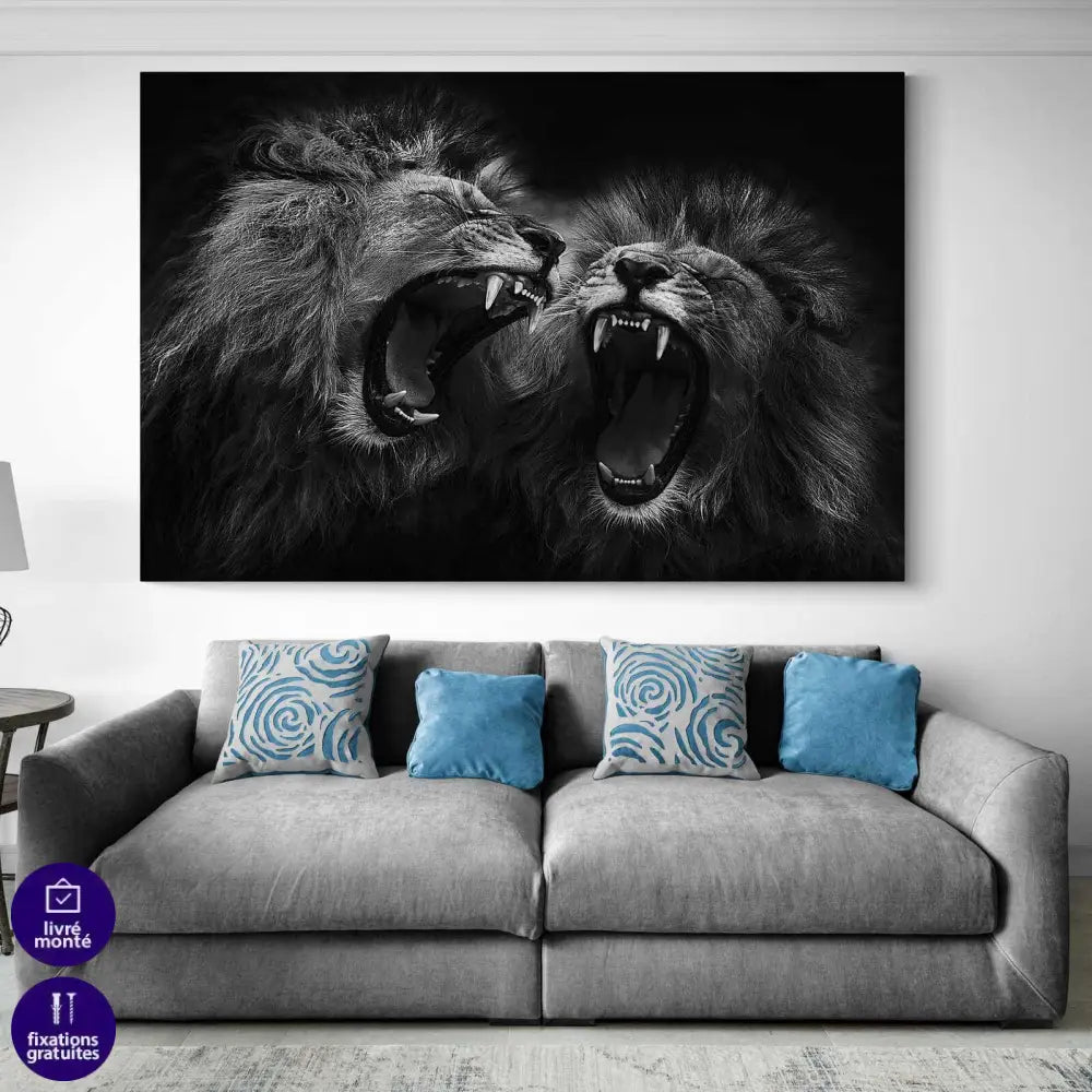 Tableau Lion Noir et Blanc Rugir - Montableaudeco