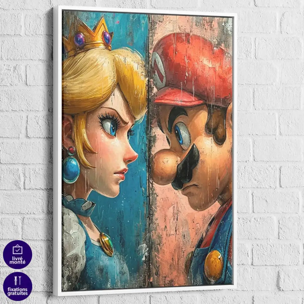 Toile geek Mario et Peach dans un face à face iconique

