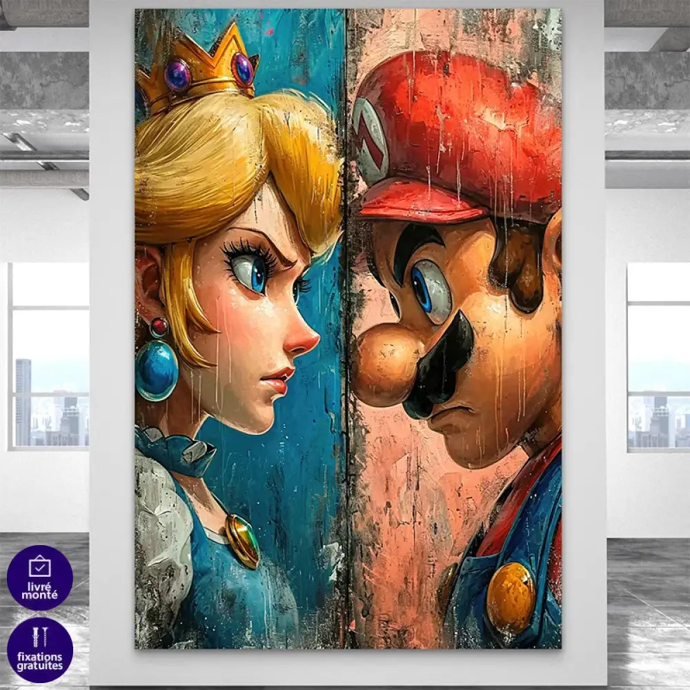 Mario et Peach en duel sur tableau vertical design

