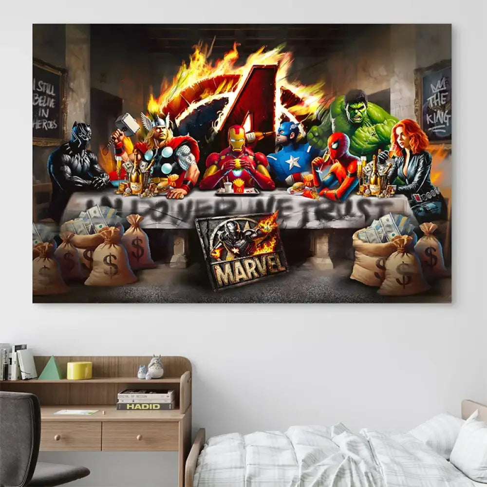 Œuvre pop art Marvel avec Iron Man, Thor, Hulk et Captain America

