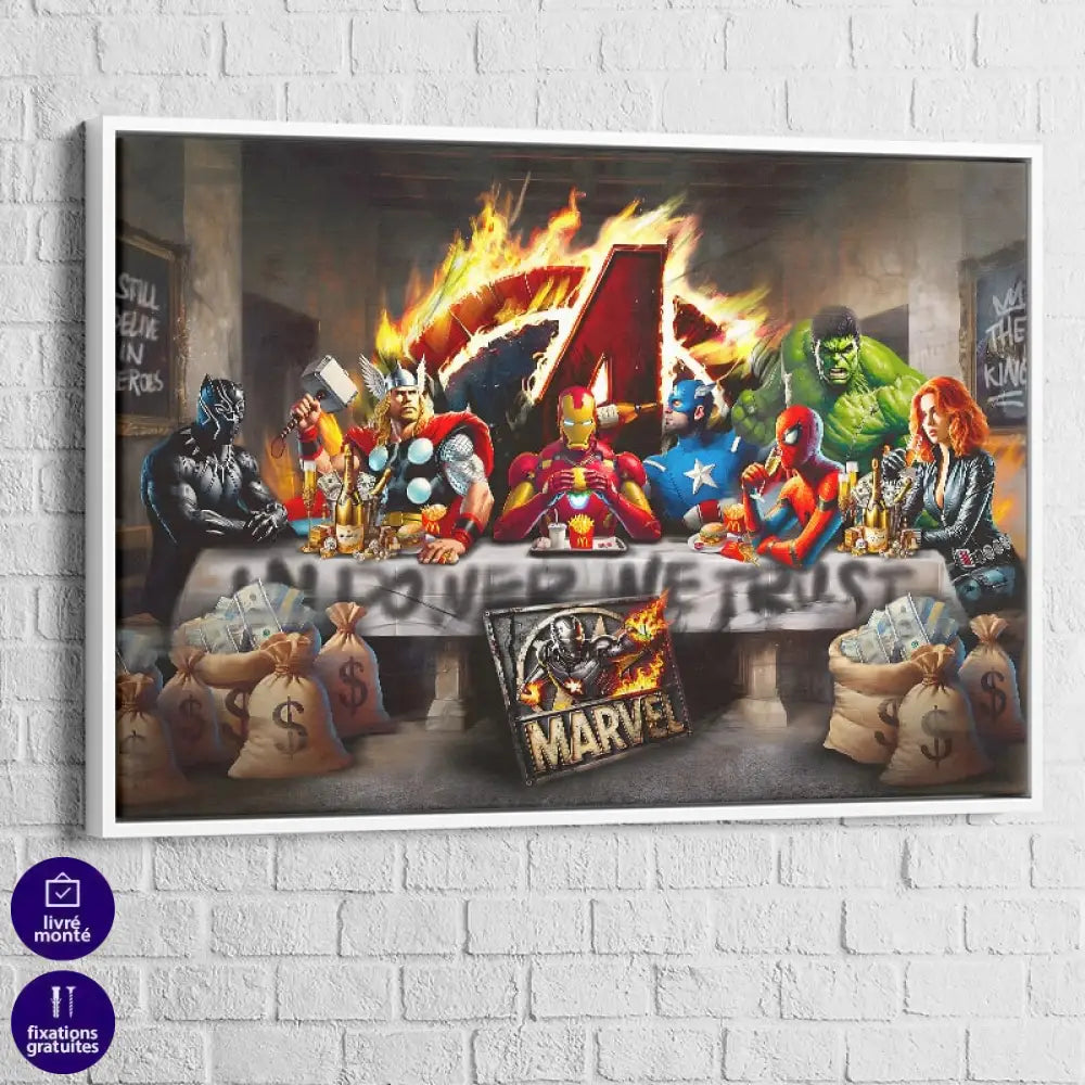 Scène artistique détournée Marvel façon repas des héros modernes

