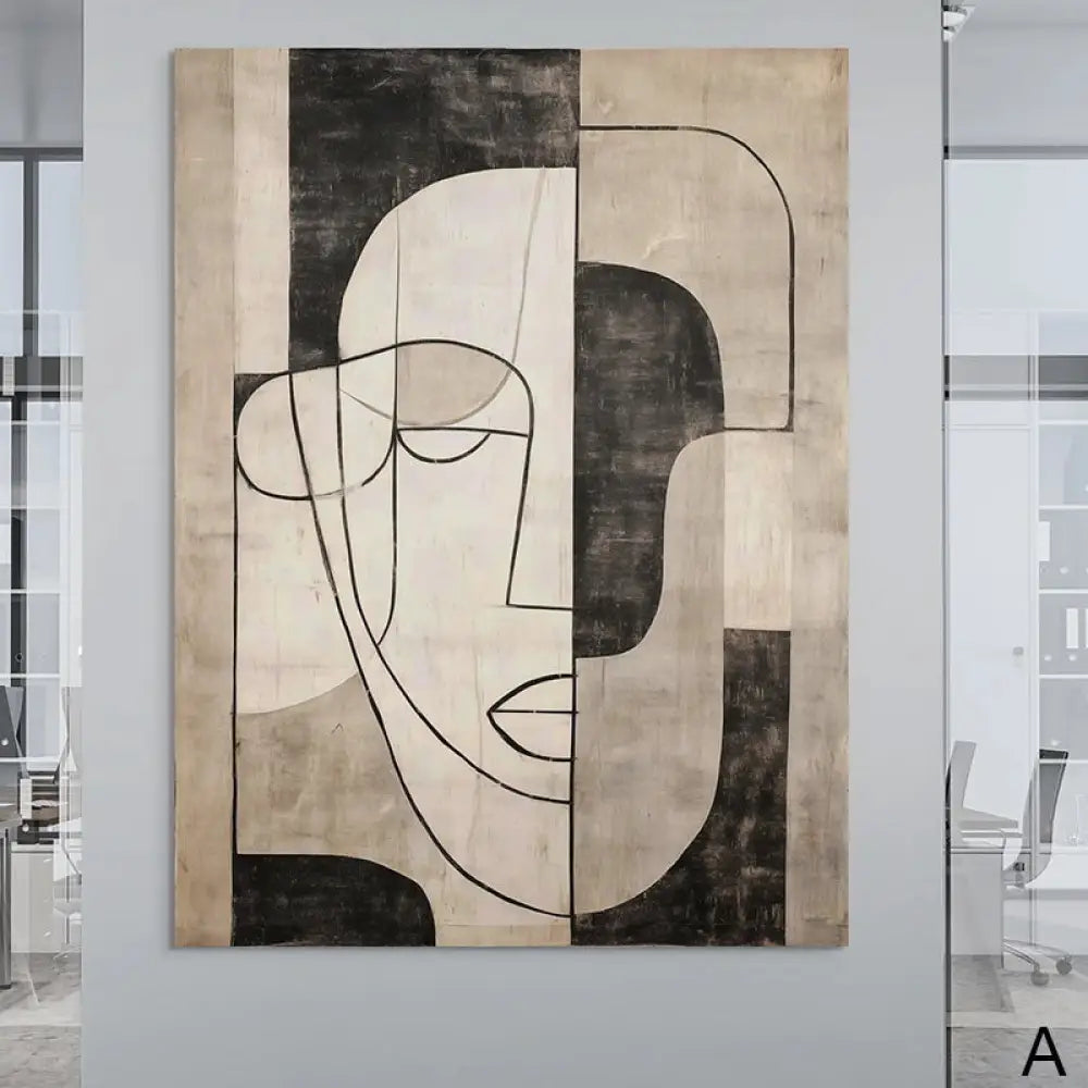 Tableau mural moderne – visage géométrique line art noir beige A