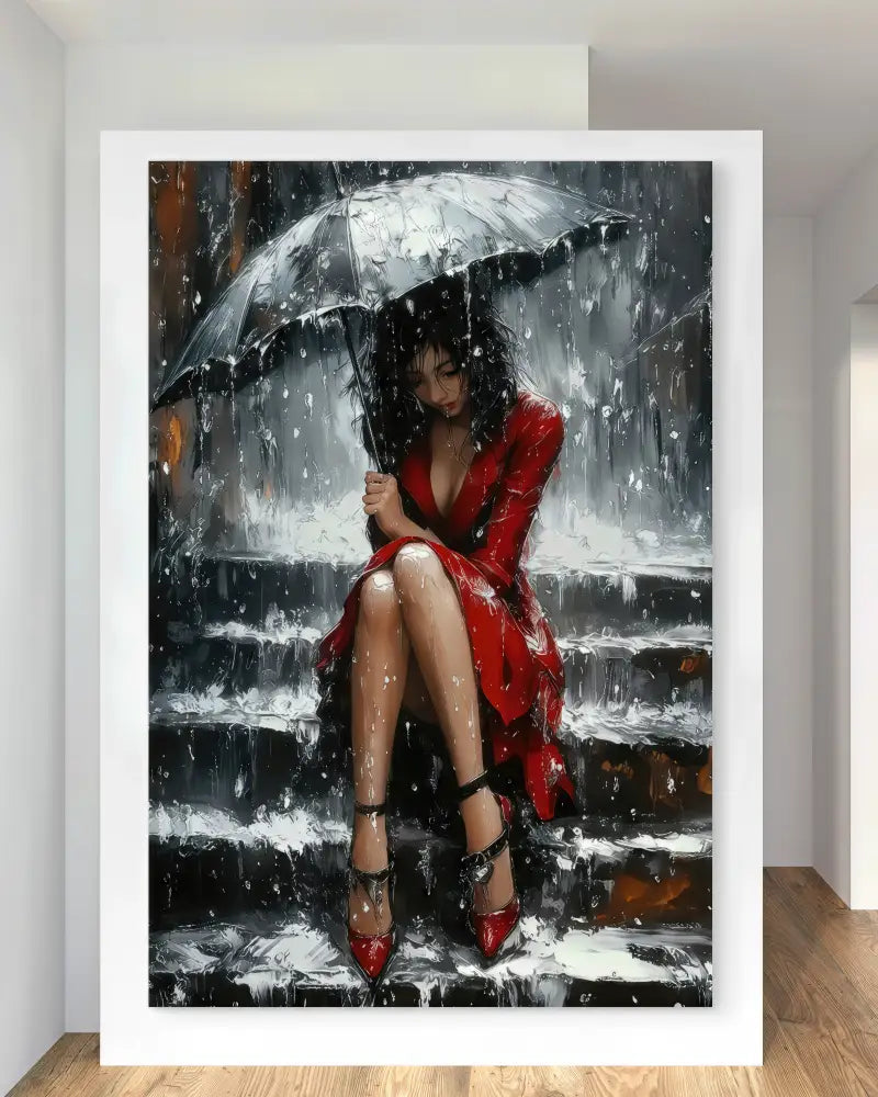 Femme en robe rouge sous la pluie tableau moderne émotionnel

