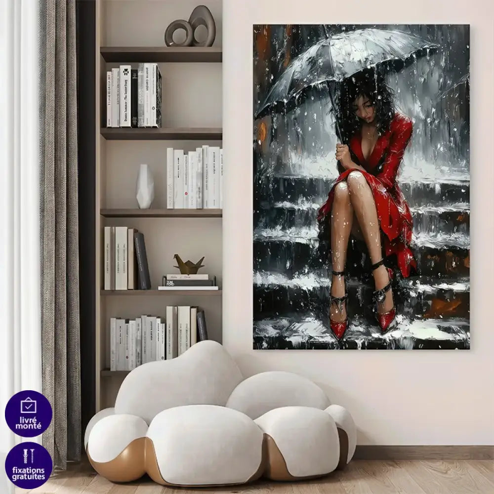 Tableau contemporain femme sous parapluie sur des marches

