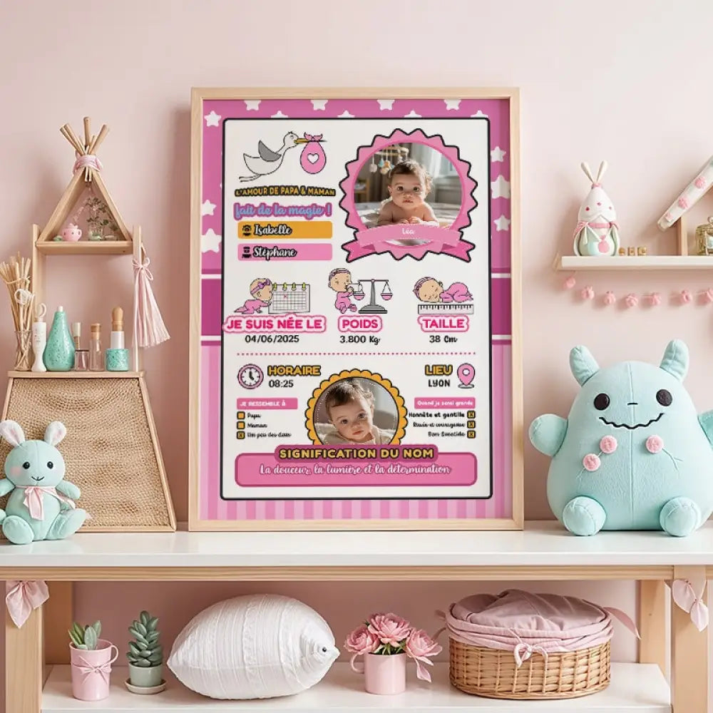 Tableau de naissance personnalisé pour bébé fille avec prénom et date

