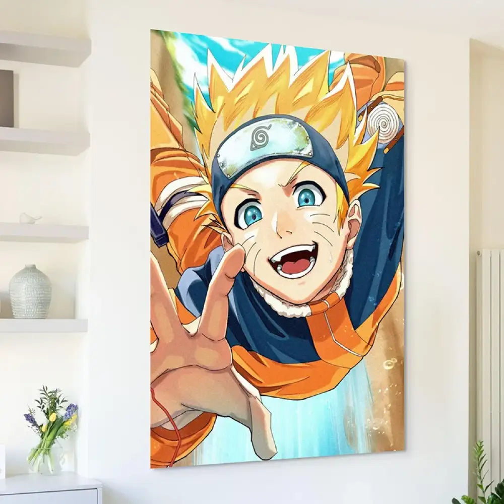 Tableau mural Naruto Uzumaki en plein saut et sourire éclatant

