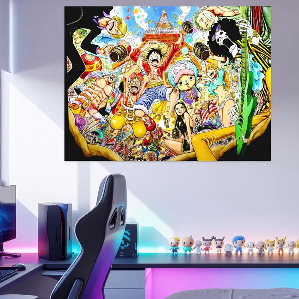 tableau One Piece à Paris avec Luffy et son équipage devant la Tour Eiffel