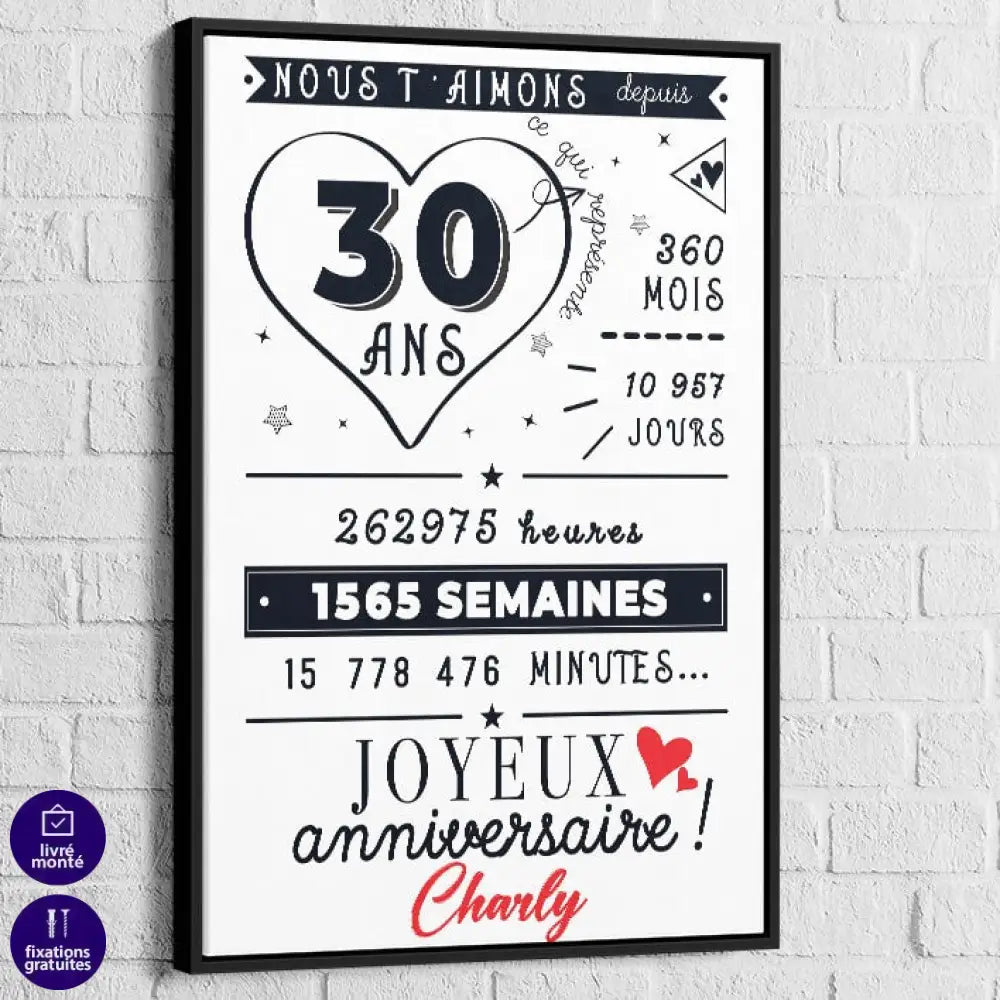 Tableau Personnalisé Anniversaire 40x60cm / Cadre noir Toile Imprimée
