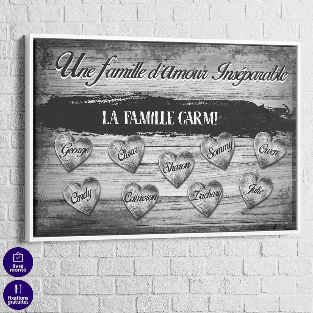 Tableau Personnalisé Famille D'Amour Noir et blanc Cadre blanc