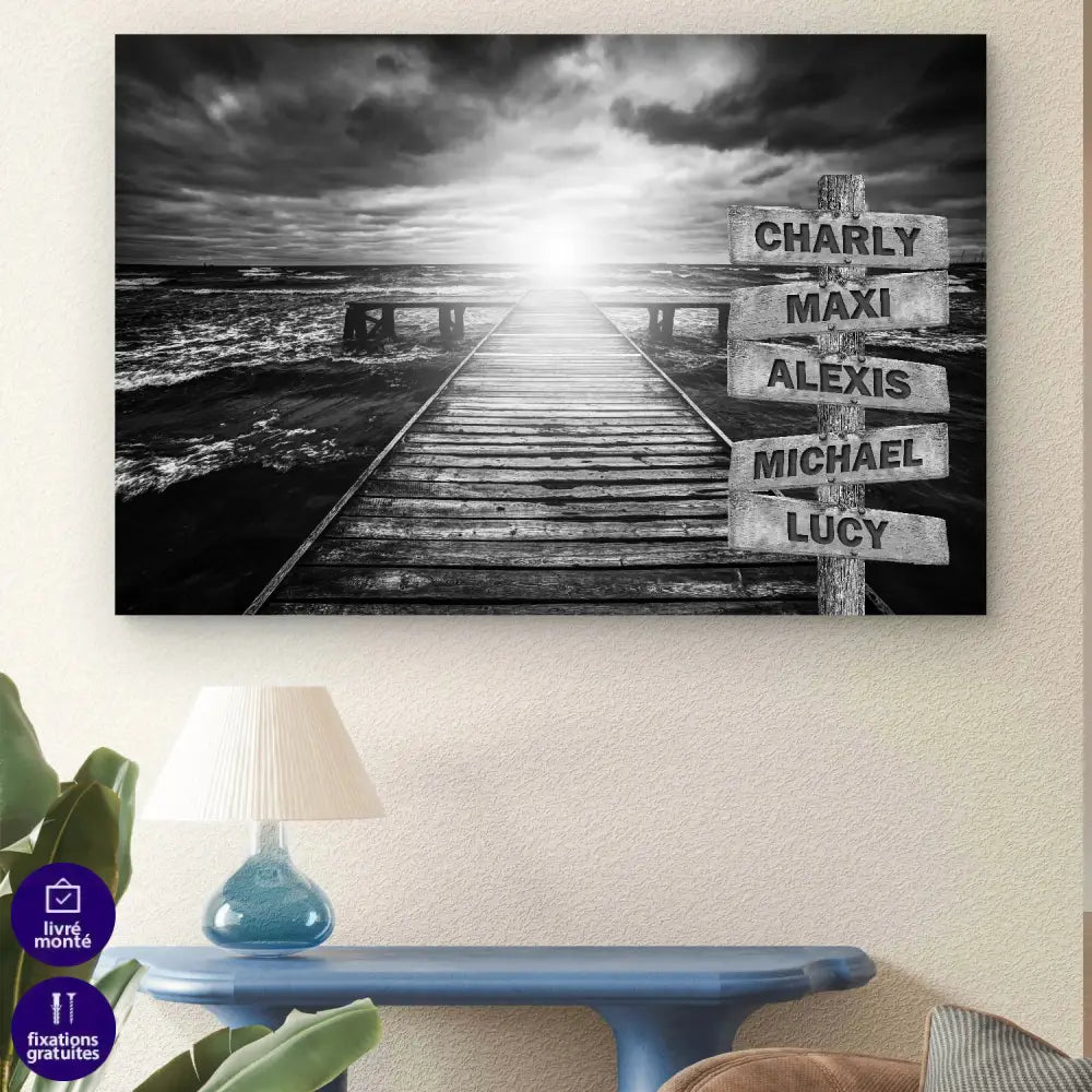 Toile personnalisée prénoms sur fond de mer en noir et blanc

