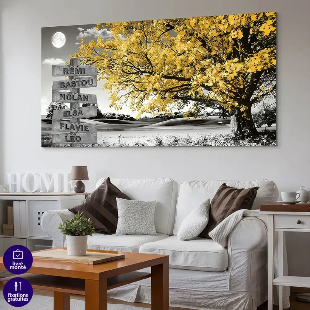 décoration murale prénoms famille sous arbre doré

