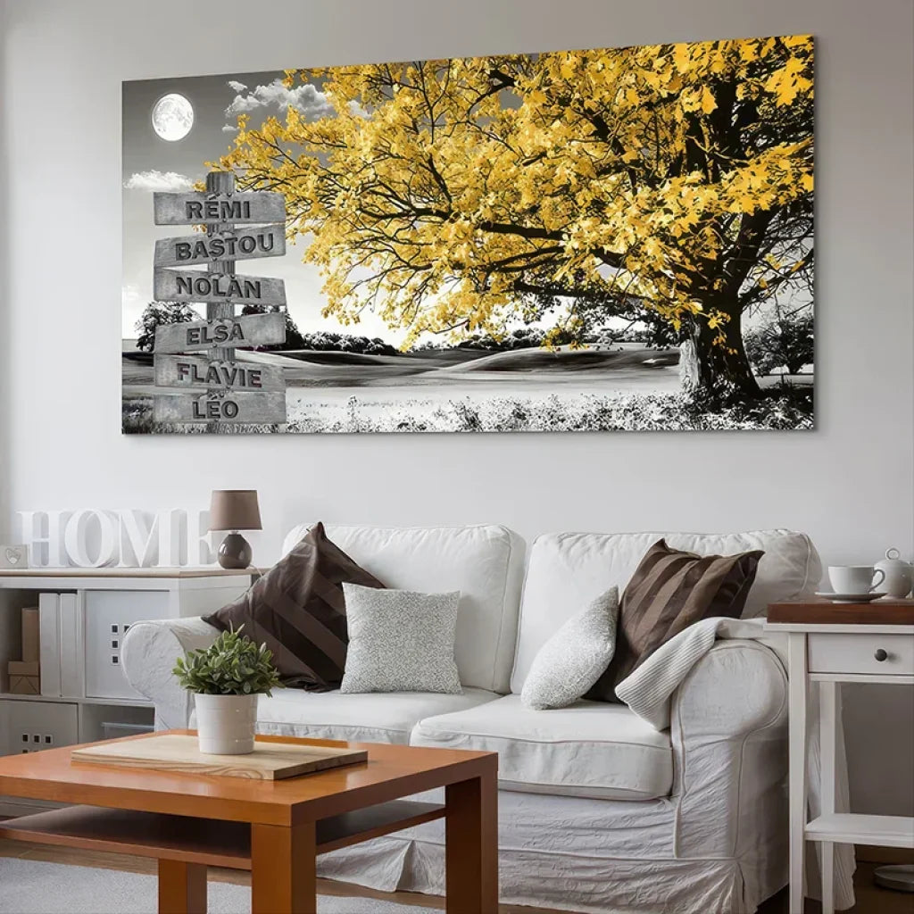 décoration murale prénoms famille sous arbre doré

