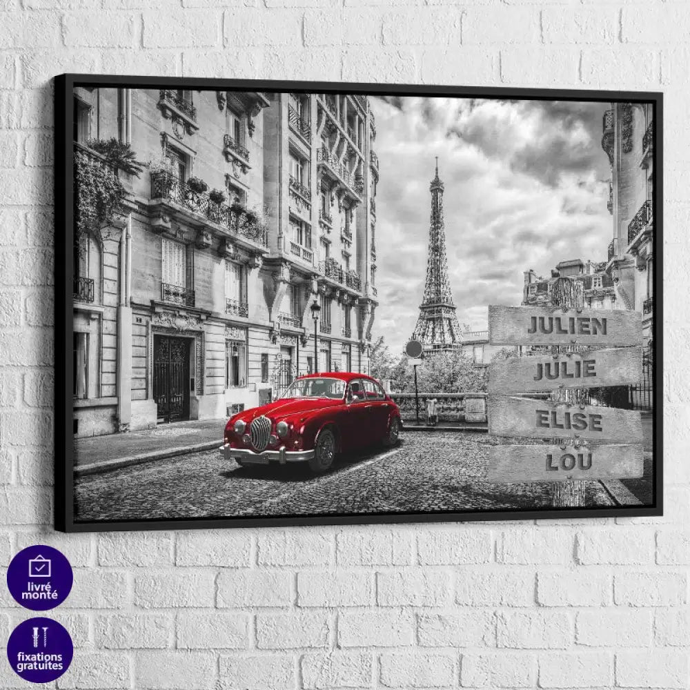 Tableau Personnalisé Prénoms Paris Rouge 40x60cm / Cadre noir Toile Imprimée