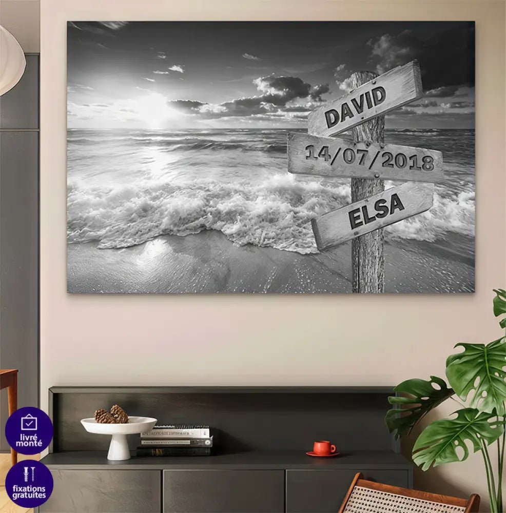 Tableau décoratif personnalisable avec deux prénoms et une date, parfait pour un couple