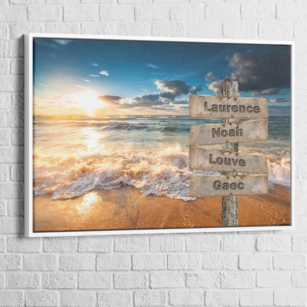 Tableau Prénoms Famille Bord de Plage 40x60cm / Cadre Blanc Toile Imprimée