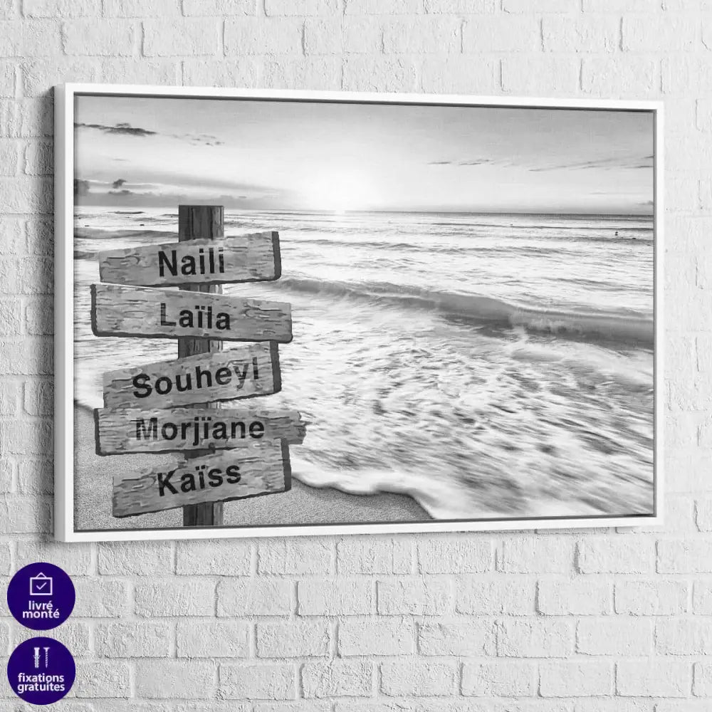 Tableau Prénoms Famille La Mer Noir et Blanc - Montableaudeco