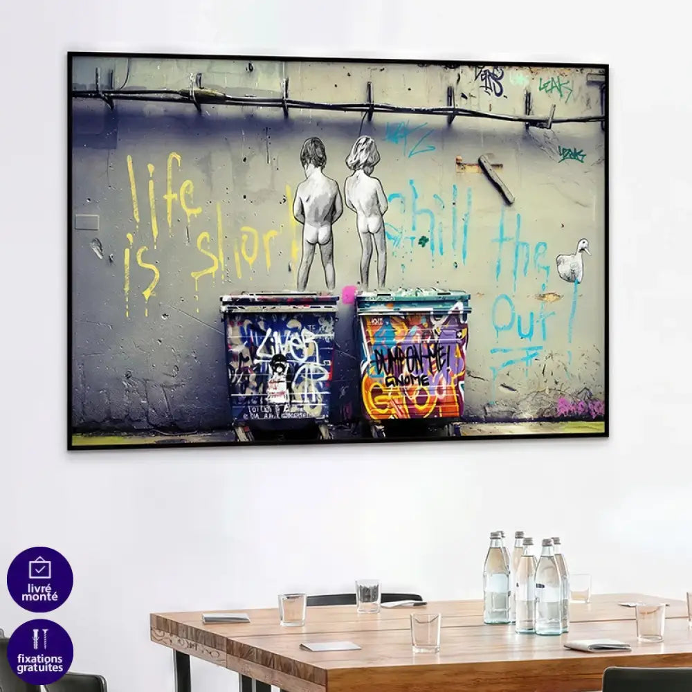 Tableau street art enfants graffiti Life is Short style Banksy

