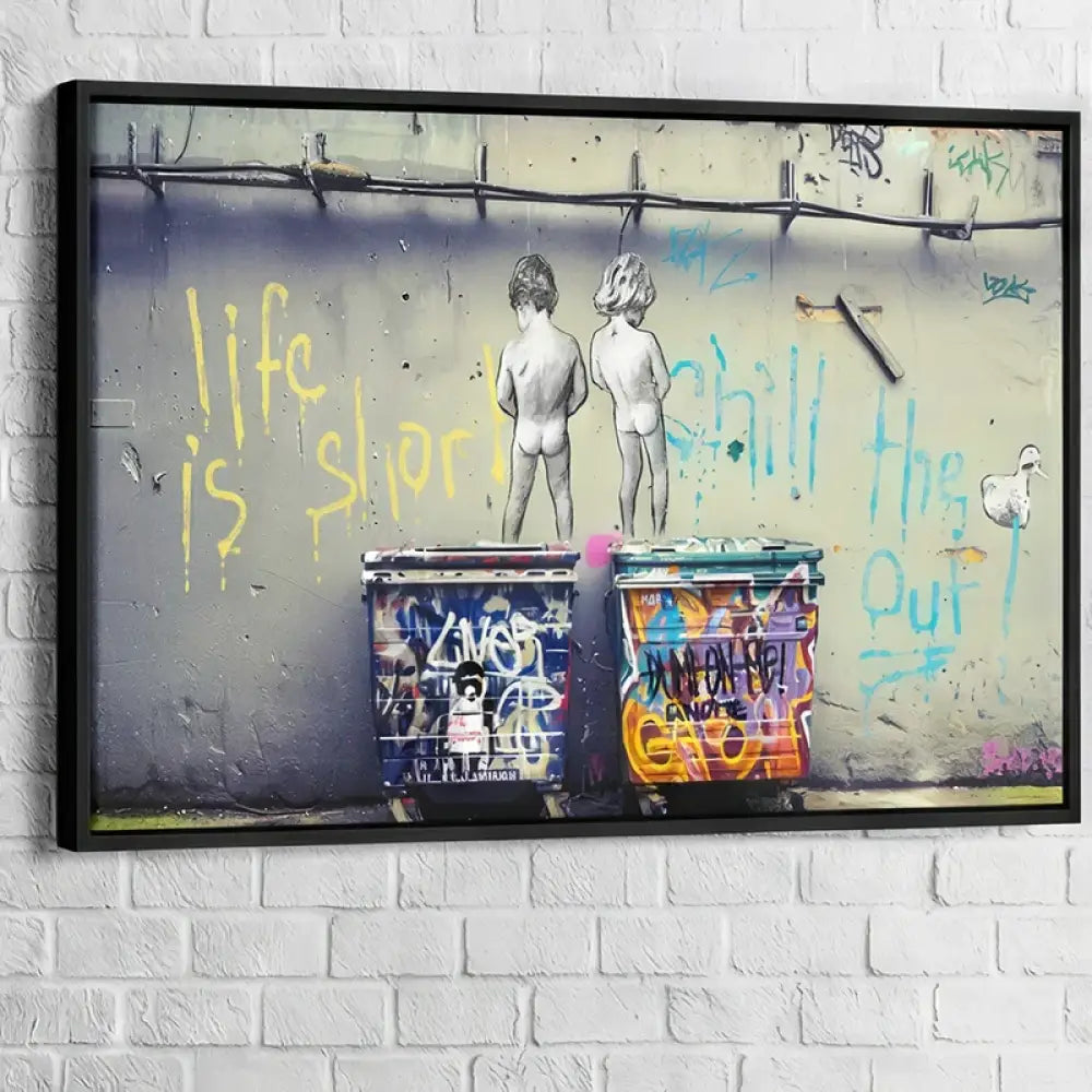 Affiche murale urbaine provocante avec poubelles taguées

