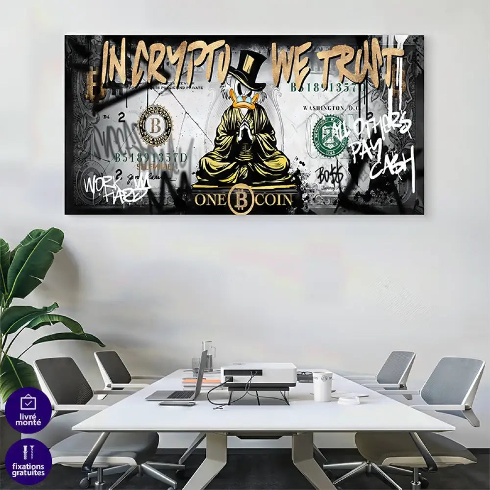 Décoration murale moderne Bitcoin et dollar en style street art doré et noir

