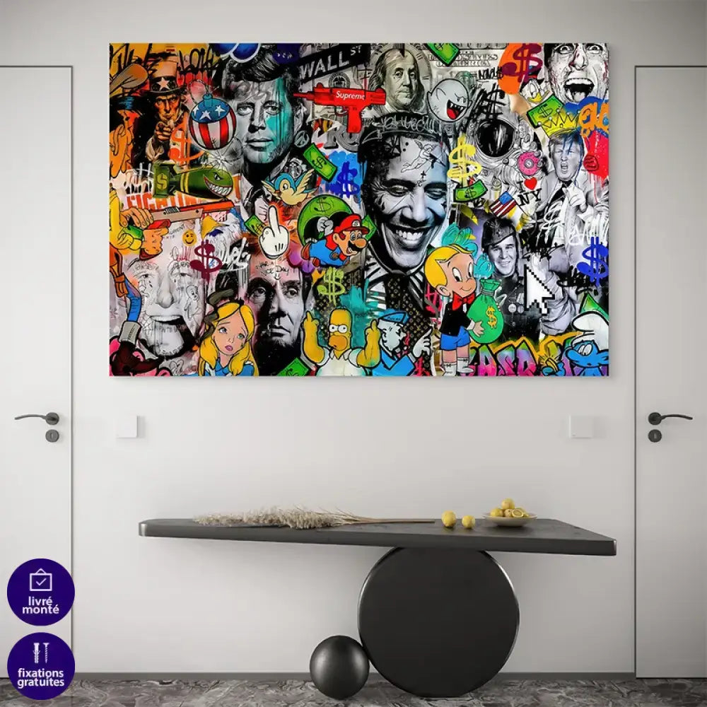 Tableau déco urbain avec Mario, Simpson et Pinocchio

