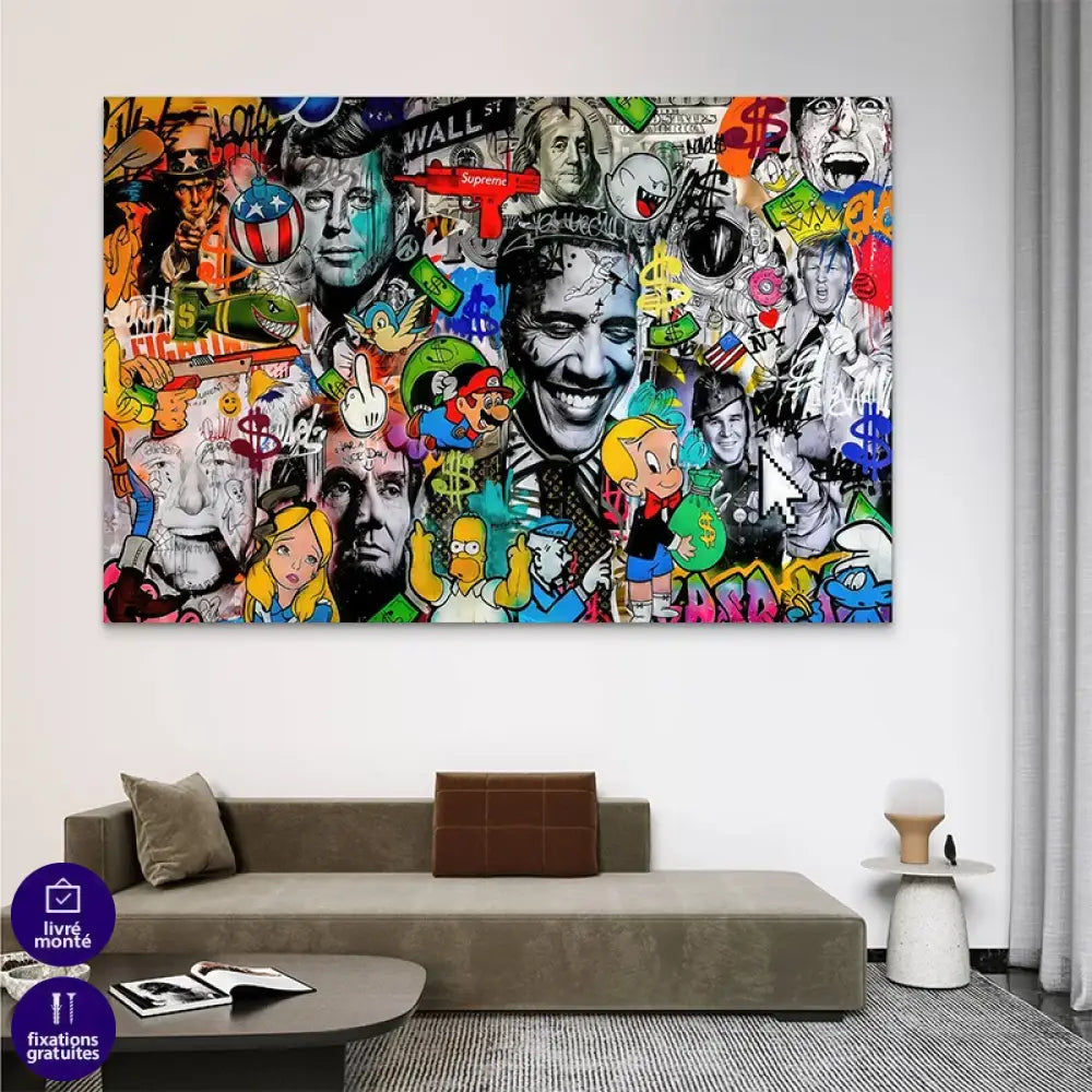 Œuvre murale moderne avec Barack Obama, JFK et dessins animés

