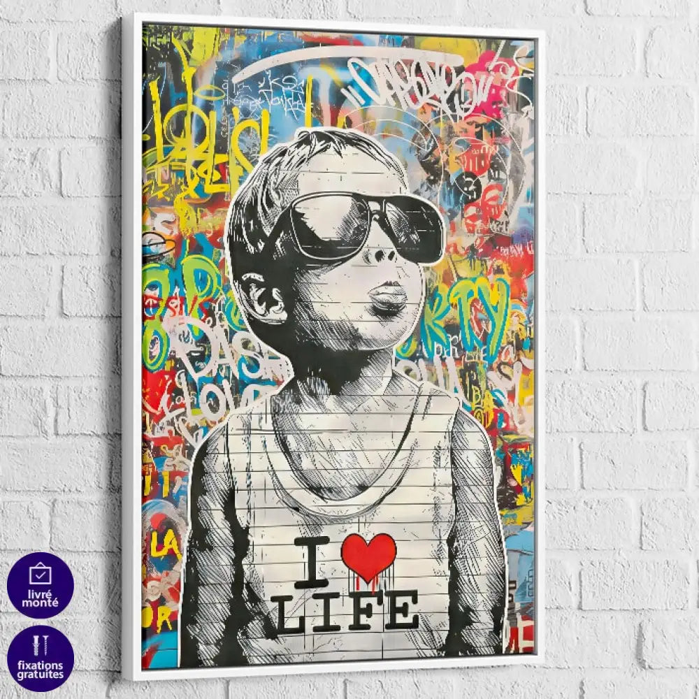 Tableau street art cadre blanc enfant pop art décoratif moderne