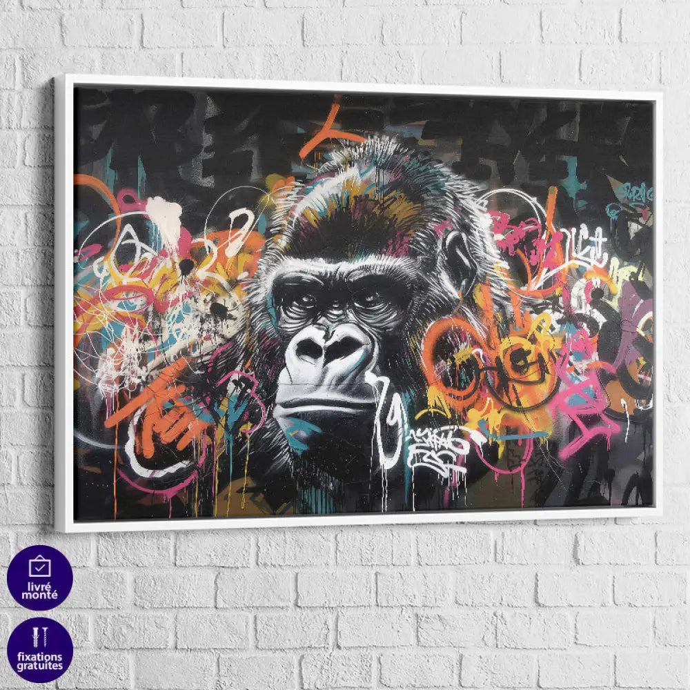 Tableau déco puissant avec gorille réaliste et coulures de peinture

