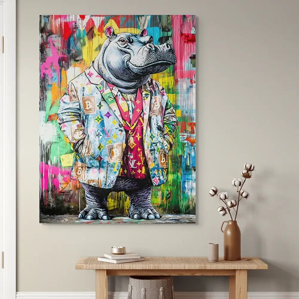 Grand format XXL – hippopotame en costume pop art contemporain