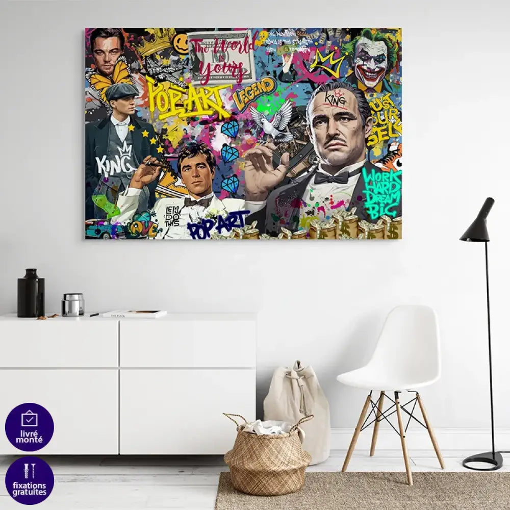 Toile street art en cadre flottant noir, rendu galerie, couleurs explosives