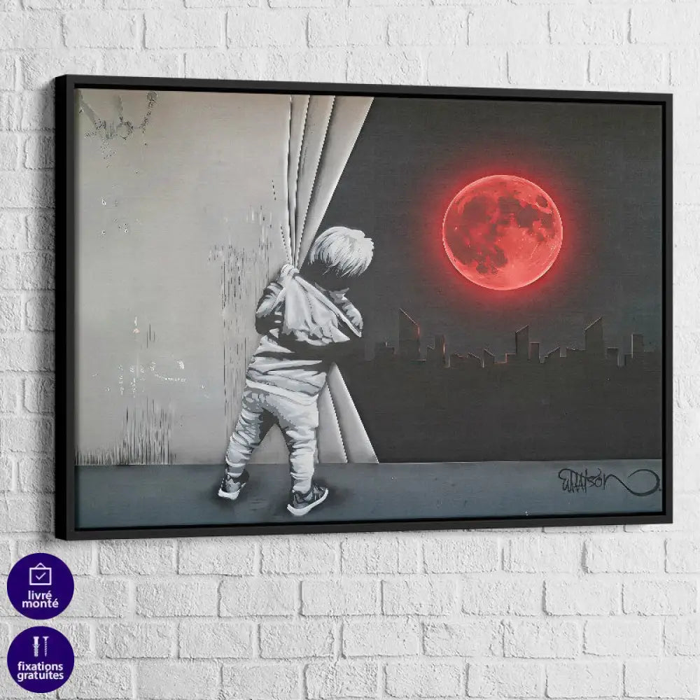 Tableau street art – L’Enfant et la Lune Rouge, cadre noir