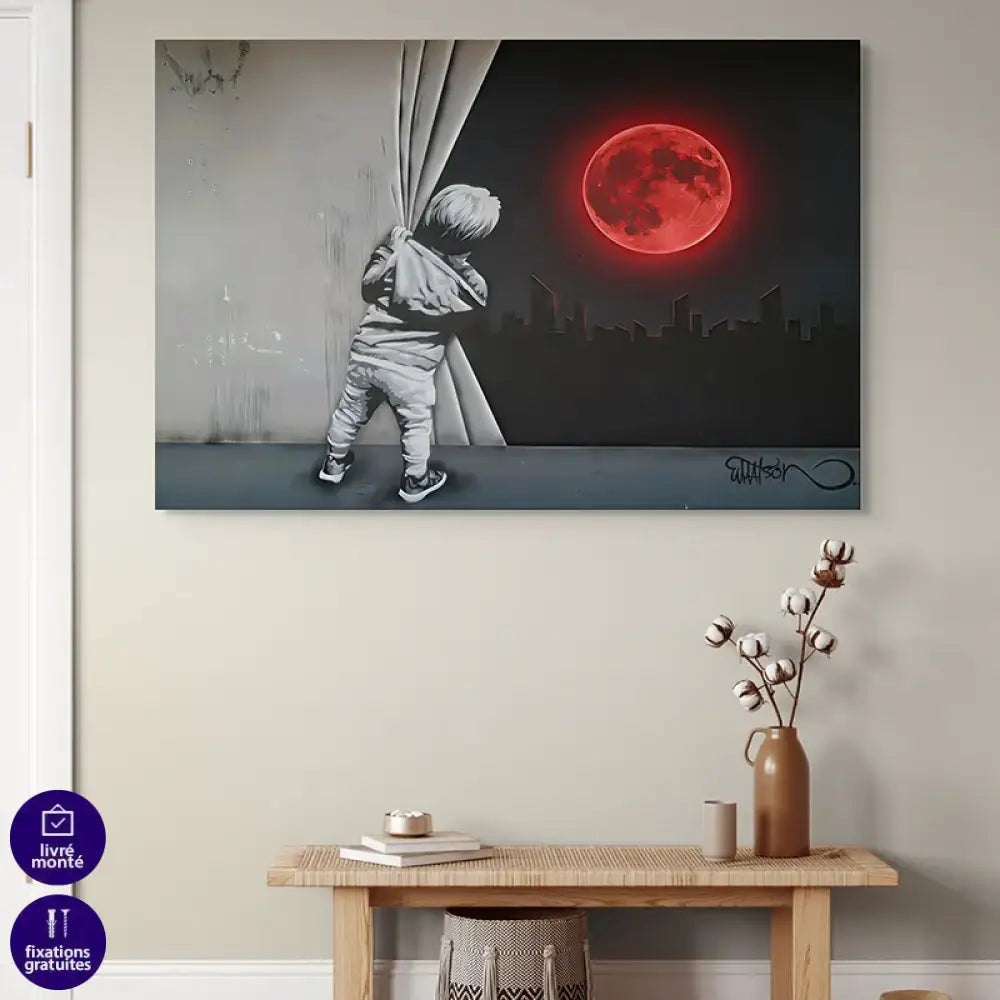 Tableau street art poétique – enfant curieux, ambiance urbaine