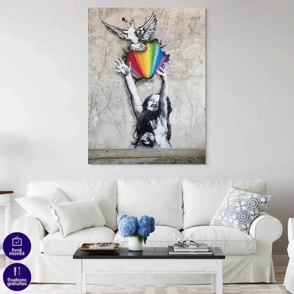 Tableau street art poétique – liberté, espoir, oiseau blanc