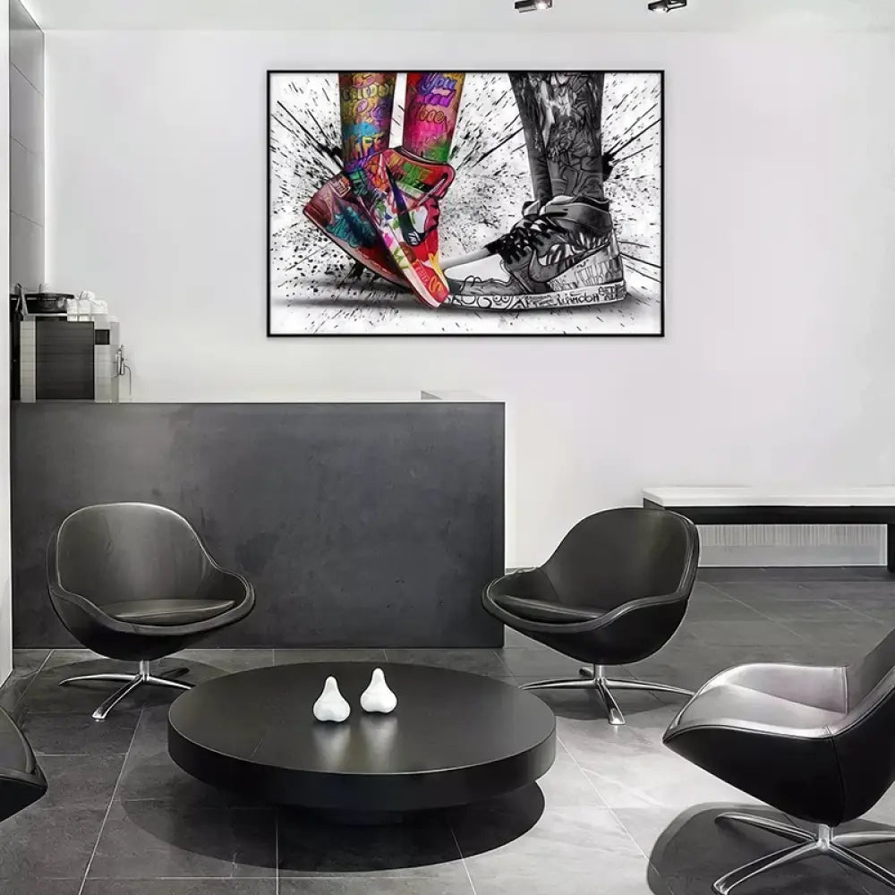 Toile imprimée contemporaine représentant des sneakers en street art

