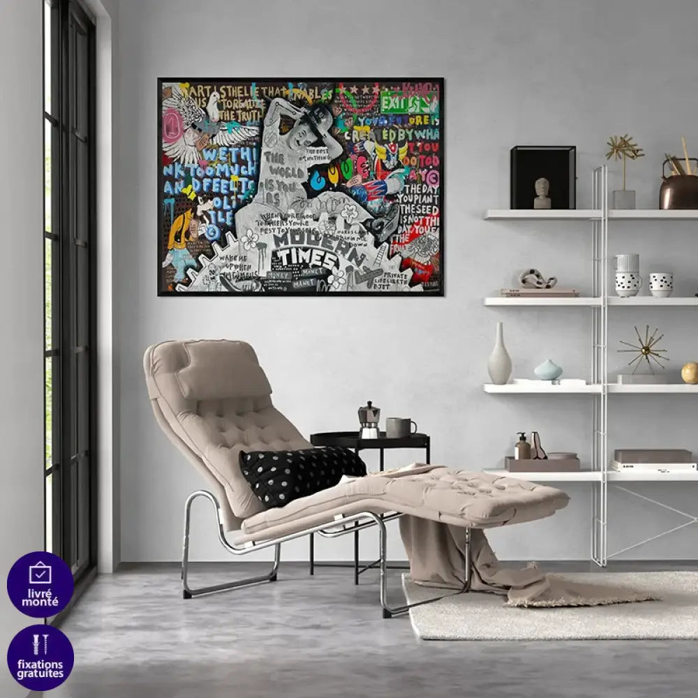 Œuvre murale colorée style graffiti urbain et messages engagés

